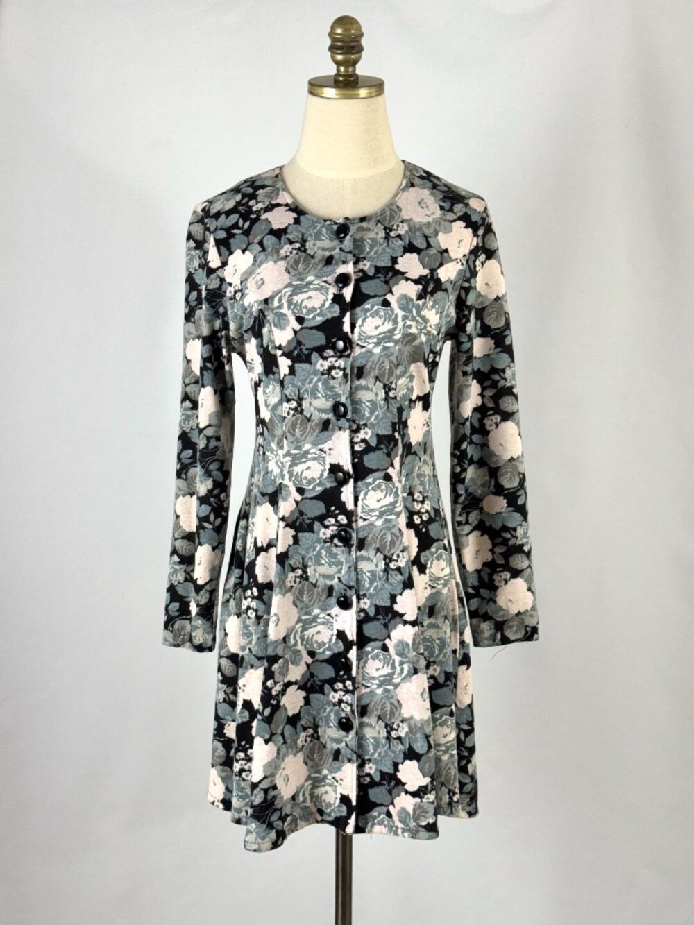 Vtg 90s Carolina Colours Gray Black Rose Floral Skater Dress Button Front Grunge